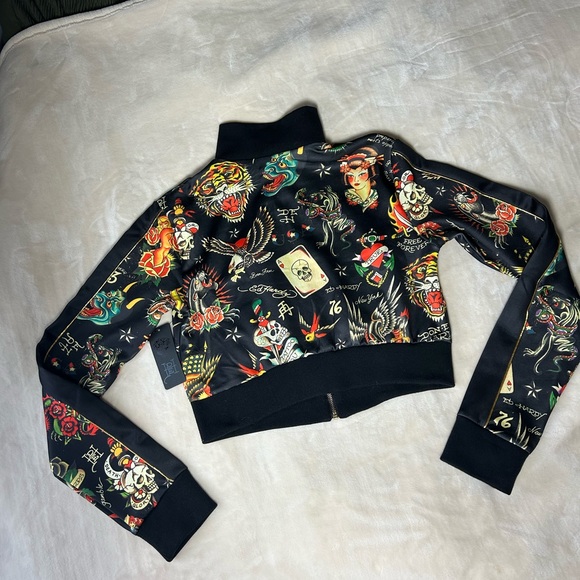 New ED HARDY SHRUNKEN CROPPED FLASHBOARD BLACK TRACK JACKET -WOMENS SMALL - Picture 4 of 14